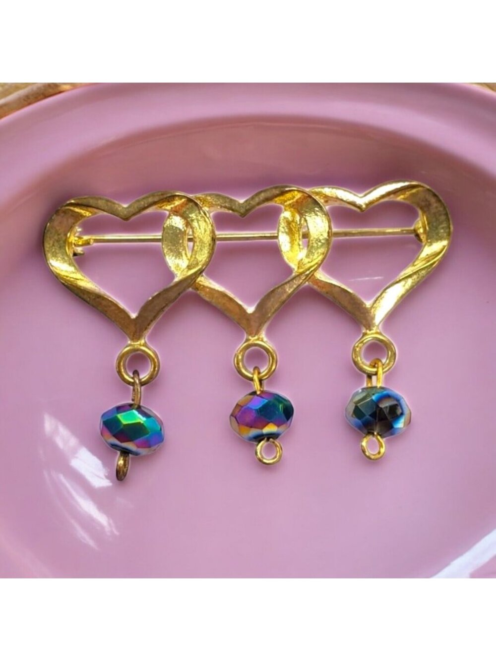 Vintage Triple Open Heart Bar Brooch Pin AB Dangle Beads Gold-Tone Love 2"
